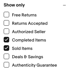 filter menu used to select certain listings